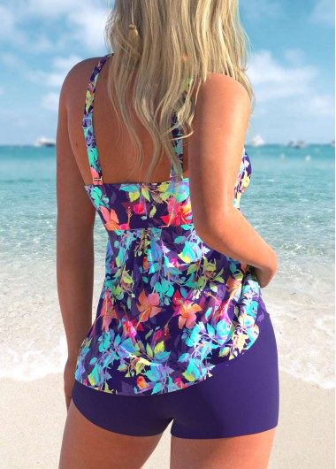 Purple swimwear,Plants swimwear,ROTITA Leaf Print Purple Wide Strap Tankini Set
