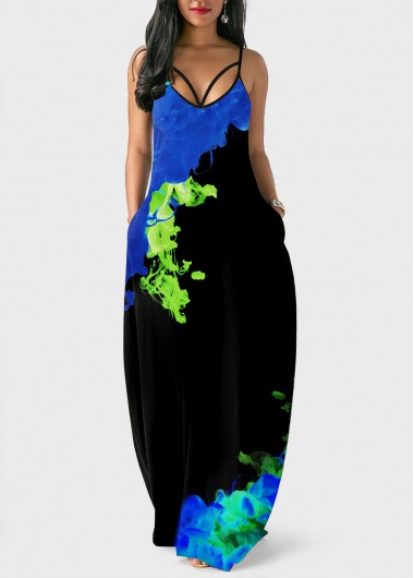 Blue dresses,Graphic dresses,ROTITA Blue Spaghetti Strap Printed Double Side Pockets Dress