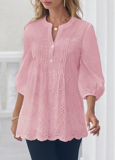 Light Pink tops,Plain Color tops,ROTITA Hollow Embroidery Light Pink Crinkle Chest Blouse
