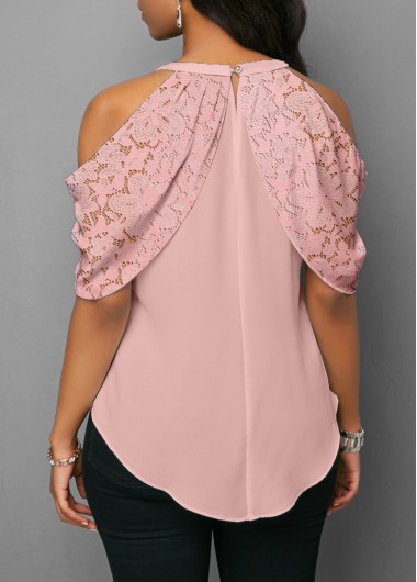 Pink tops,Plain Color tops,ROTITA Lace Stitching Bowknot Pink Cold Shoulder Blouse