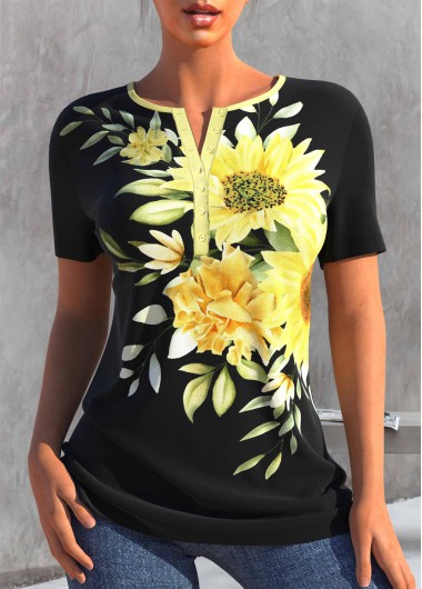 Black tops,Floral tops,ROTITA Floral Print Black Short Sleeve T Shirt
