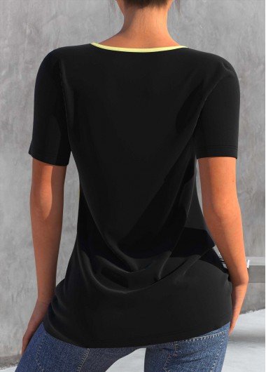 Black tops,Floral tops,ROTITA Floral Print Black Short Sleeve T Shirt