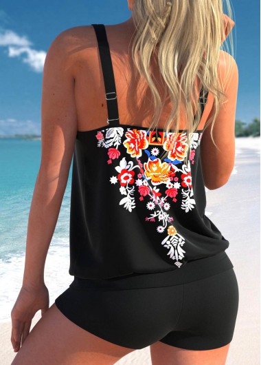 Black swimwear,Tribal swimwear,ROTITA Floral Print Black Cross Strap Tankini Top