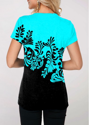 Cyan tops,Floral tops,ROTITA Split Neck Cyan Contrast Printed T Shirt