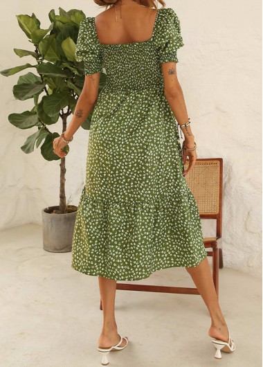 Green dresses,Dot dresses,Puff Sleeve Smocked Green Printed Dress