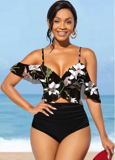 Black swimwear,Floral swimwear,Floral Print Flounce Black High Waisted Bikini Set