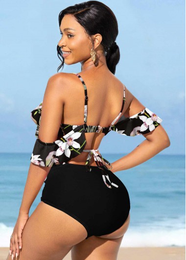 Black swimwear,Floral swimwear,Floral Print Flounce Black High Waisted Bikini Set