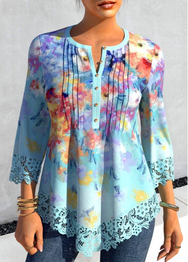 Light Blue tops,Floral tops,ROTITA Floral Print Light Blue Asymmetric Hem Blouse