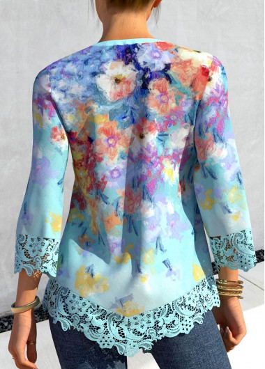 Light Blue tops,Floral tops,ROTITA Floral Print Light Blue Asymmetric Hem Blouse