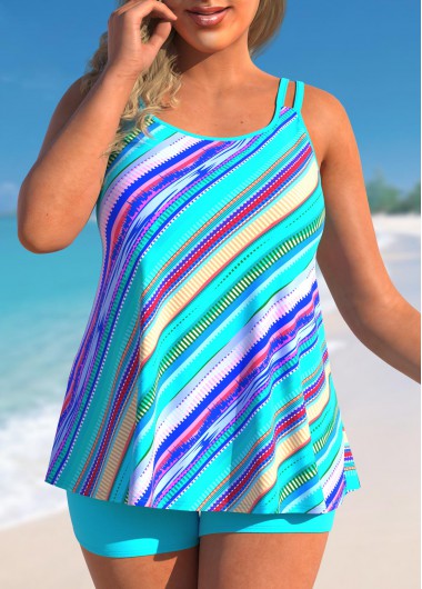 Cyan plus size,Striped plus size,ROTITA Cyan Plus Size Striped Double Straps Tankini Set