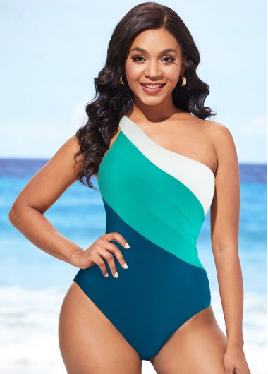 Cyan swimwear,Contrast Color swimwear,ROTITA Cyan Asymmetric Design One Piece Swimwear