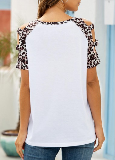 White tops,Leopard tops,Leopard White Short Sleeve Ladder Cutout T Shirt