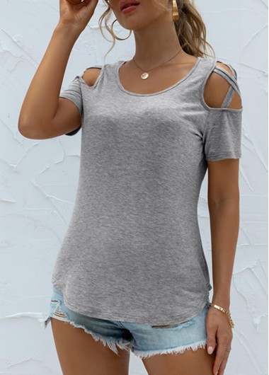Light Grey tops,Plain Color tops,Light Grey Cold Shoulder Round Neck T Shirt