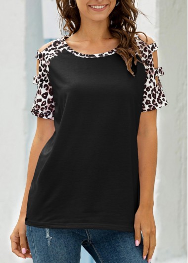 Black tops,Leopard tops,Leopard Black Ladder Cutout Round Neck T Shirt
