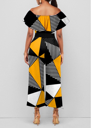 Multi Color jumpsuits & rompers,Geometric jumpsuits & rompers,ROTITA Geometric Print Color Block Off Shoulder Belted Jumpsuit