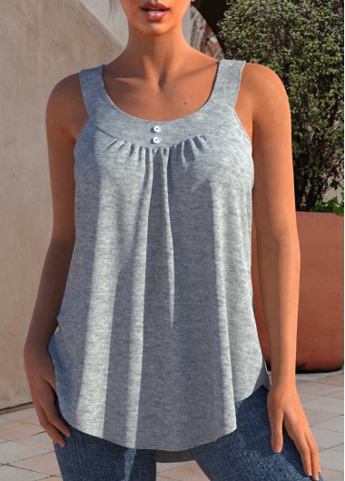 Light Grey Marl tops,Plain Color tops,ROTITA Decorative Button Grey Marl Round Neck Tank Top