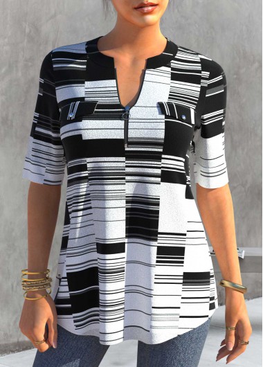 Black tops,Geometric tops,ROTITA Black Geometric Print Short Sleeve Split Neck Blouse