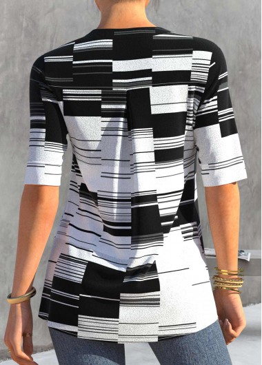 Black tops,Geometric tops,ROTITA Black Geometric Print Short Sleeve Split Neck Blouse