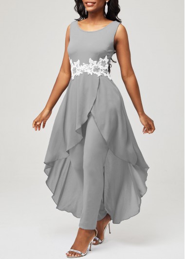 Grey jumpsuits & rompers,Plain Color jumpsuits & rompers,ROTITA Lace Stitching Grey Faux Two Piece Jumpsuit