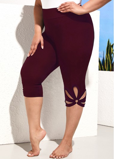 Wine Red plus size,Plain Color plus size,ROTITA Petal Shape Hollow Plus Size Wine Red Shorts