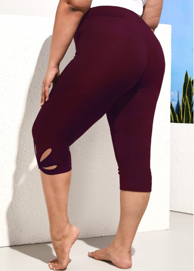 Wine Red plus size,Plain Color plus size,ROTITA Petal Shape Hollow Plus Size Wine Red Shorts