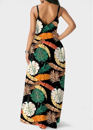 Multi Color dresses,Plants dresses,Spaghetti Strap Leaf Print Double Side Pocket Dress