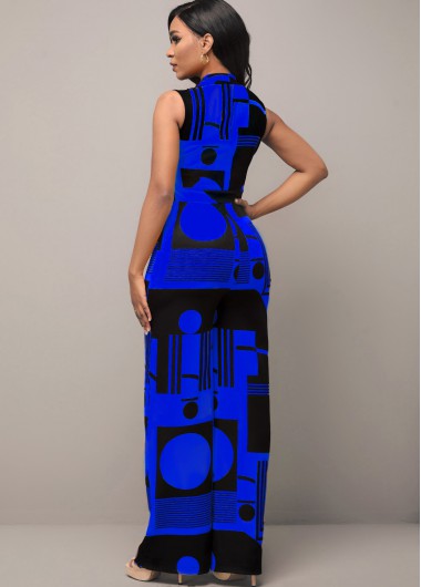 Royal Blue jumpsuits & rompers,Geometric jumpsuits & rompers,ROTITA Pocket Geometric Print Royal Blue Jumpsuit