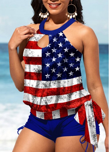 Multi Color swimwear,Flag swimwear,ROTITA American Flag Print Cutout Bib Neck Tankini Set