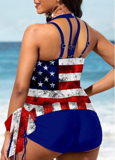 Multi Color swimwear,Flag swimwear,ROTITA American Flag Print Cutout Bib Neck Tankini Set