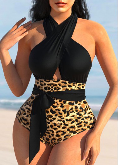 Black swimwear,Leopard swimwear,ROTITA Black Cross Halter Leopard One Piece Swimwear