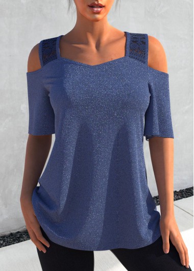 Dusty Blue tops,Plain Color tops,ROTITA Cold Shoulder Glitter Fabric Dusty Blue T Shirt