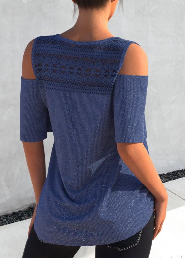 Dusty Blue tops,Plain Color tops,ROTITA Cold Shoulder Glitter Fabric Dusty Blue T Shirt