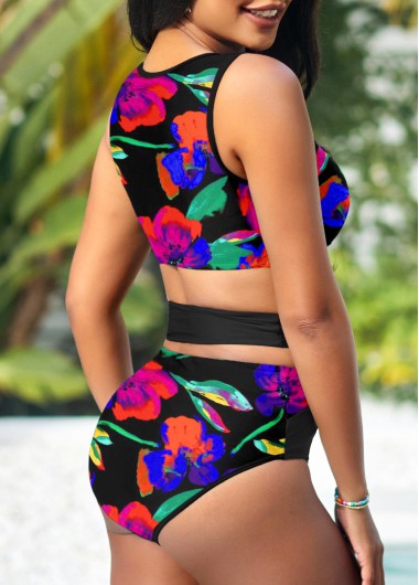 Multi Color swimwear,Floral swimwear,ROTITA Floral Print Mesh Stitching High Waisted Bikini Set