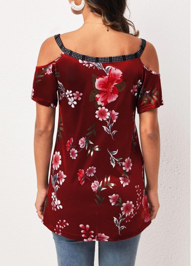 Wine Red tops,Floral tops,Strappy Cold Shoulder Wine Red Floral Print T Shirt