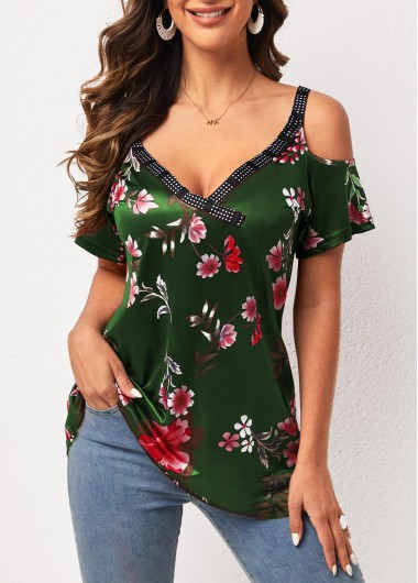 Floral tops,Strappy Cold Shoulder Army Green Floral Print T Shirt