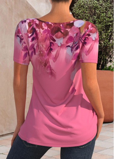 Pink tops,Floral tops,ROTITA Floral Print Pink Decorative Button T Shirt