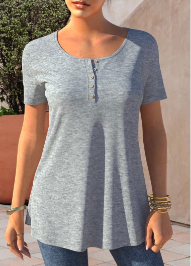 Light Grey Marl tops,Plain Color tops,ROTITA Grey Marl Button Detail Short Sleeve T Shirt