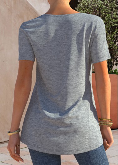 Light Grey Marl tops,Plain Color tops,ROTITA Grey Marl Button Detail Short Sleeve T Shirt