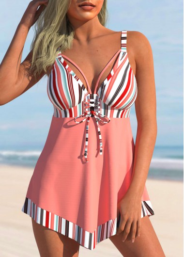 Striped swimwear,ROTITA Striped Hanky Hem Peach Pink Bowknot Swimdress Top