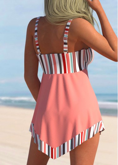 Striped swimwear,ROTITA Striped Hanky Hem Peach Pink Bowknot Swimdress Top