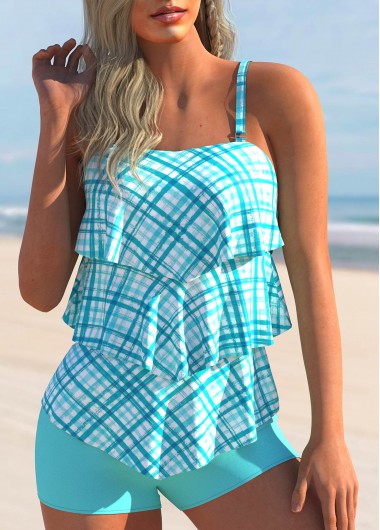 Cyan swimwear,Plaid swimwear,ROTITA Asymmetric Hem Cyan Plaid Tankini Set
