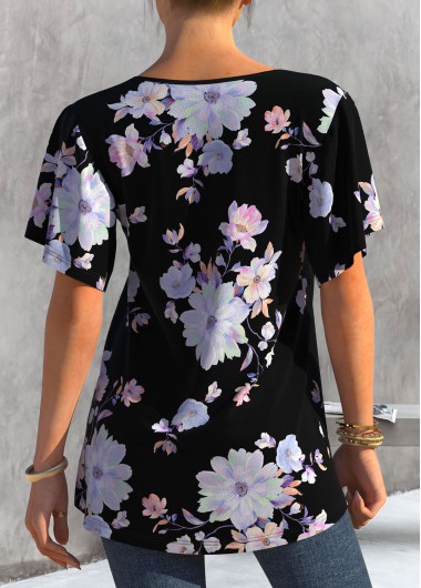 Black tops,Floral tops,ROTITA Floral Print Black Short Sleeve T Shirt