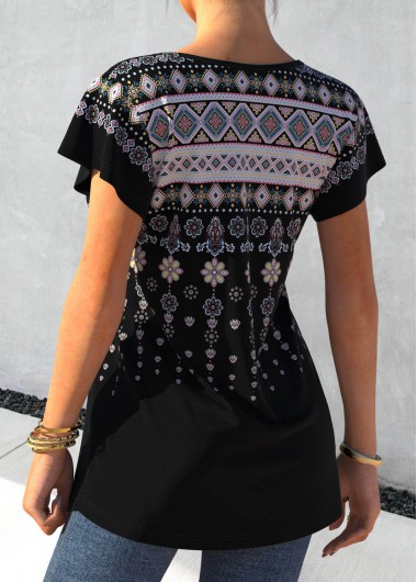 Black tops,Tribal tops,ROTITA Tribal Print Round Neck Short Sleeve Black T Shirt