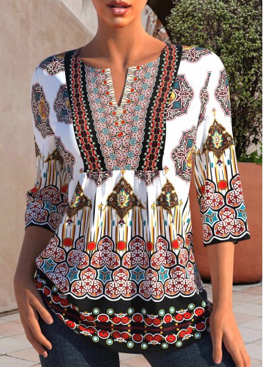 Multi Color tops,Tribal tops,ROTITA Tribal Print Split Neck Multi Color Blouse