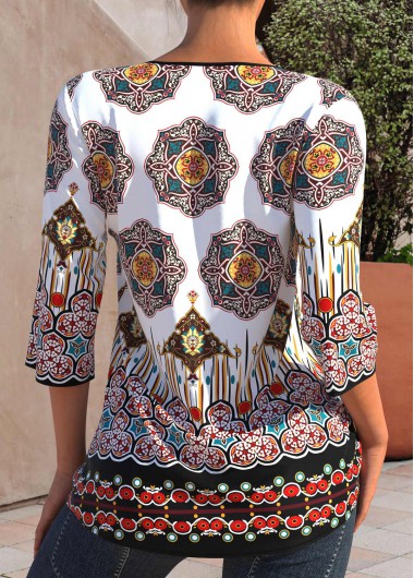 Multi Color tops,Tribal tops,ROTITA Tribal Print Split Neck Multi Color Blouse