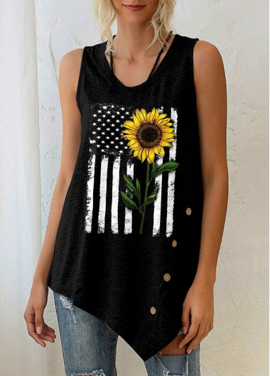 Black tops,Flag tops,ROTITA Sunflower and American Flag Print Black Tank Top