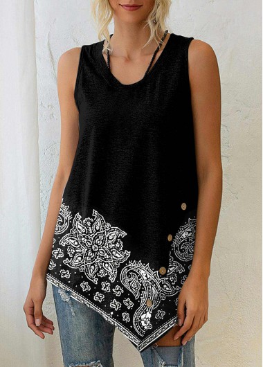 Black tops,Paisley tops,ROTITA Black Paisley Print Asymmetric Hem Tank Top