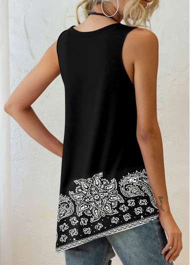 Black tops,Paisley tops,ROTITA Black Paisley Print Asymmetric Hem Tank Top