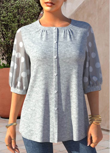 Light Grey Marl tops,Dot tops,ROTITA Polka Dot Grey Marl Fabric Splicing Blouse