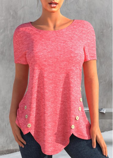 Pink tops,Plain Color tops,ROTITA Decorative Button Pink Round Neck T Shirt